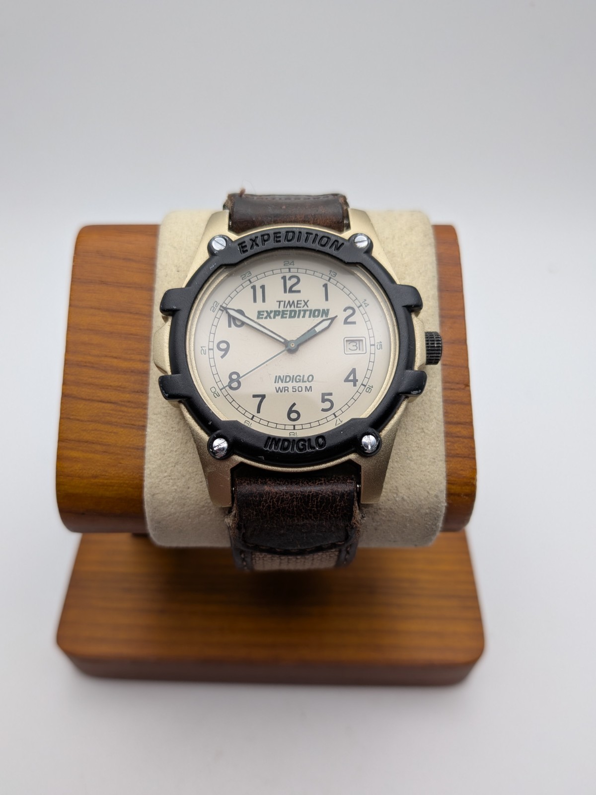 Timex Indiglo Watch Men Silver Black WR 50m Date Brown Beige Strap New Battery