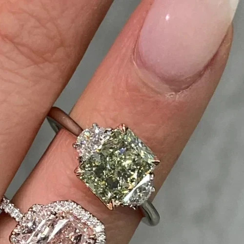 3.81CT Radiant Lab Grown Fancy Vivid Diamond Three Stone Ring Size 7 14k Gold
