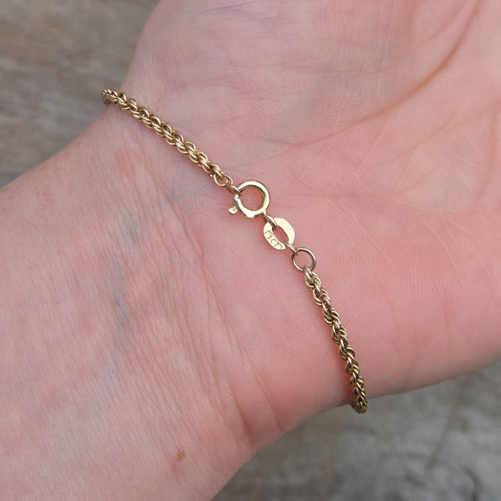 Vintage 1983 Hallmarked Solid 9ct 9k Gold Rope Chain Bracelet 7.5”