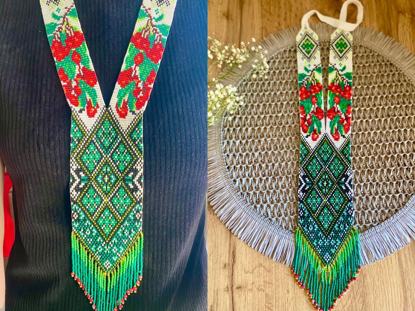 Ukrainian Handmade Beaded Gerdan Necklace Green Folk Boho Jewelry Gift Her
