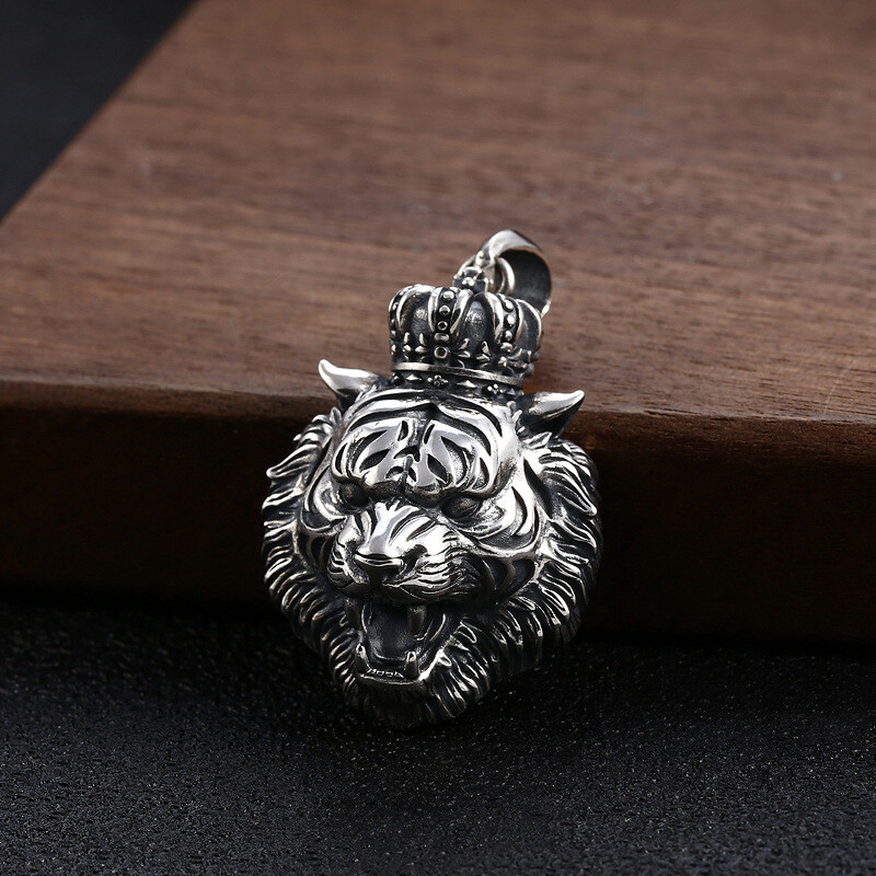 1PC S925 Silver CROWNED TIGER KING Pendant Roaring Gothic Biker Mens 15g STAMPED