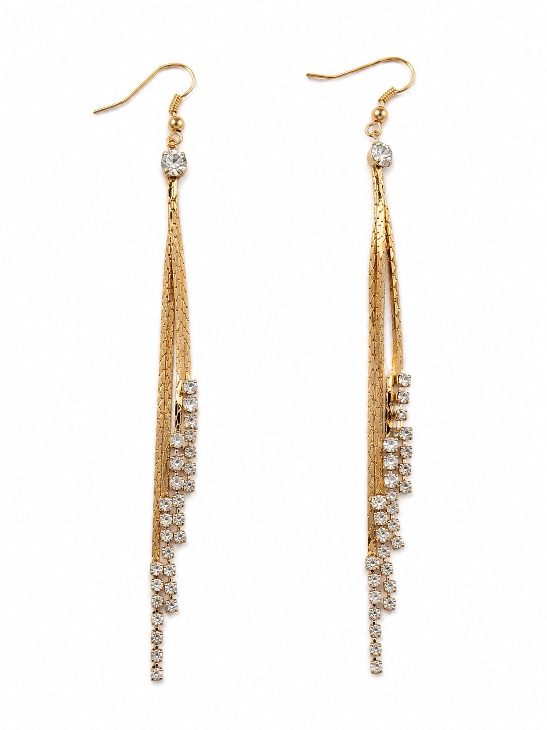 Gold Rhinestone Tassel Dangle Earrings Long Drop Bridal Gift Box Included