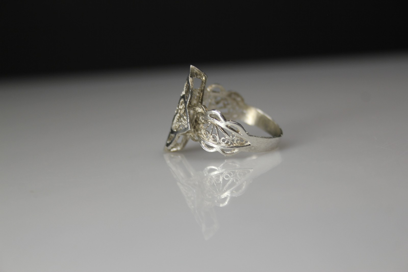925 Sterling Silver Artisan Marquise Filigree Heart Size 8.75 Ring 3.2g(RIN9703)