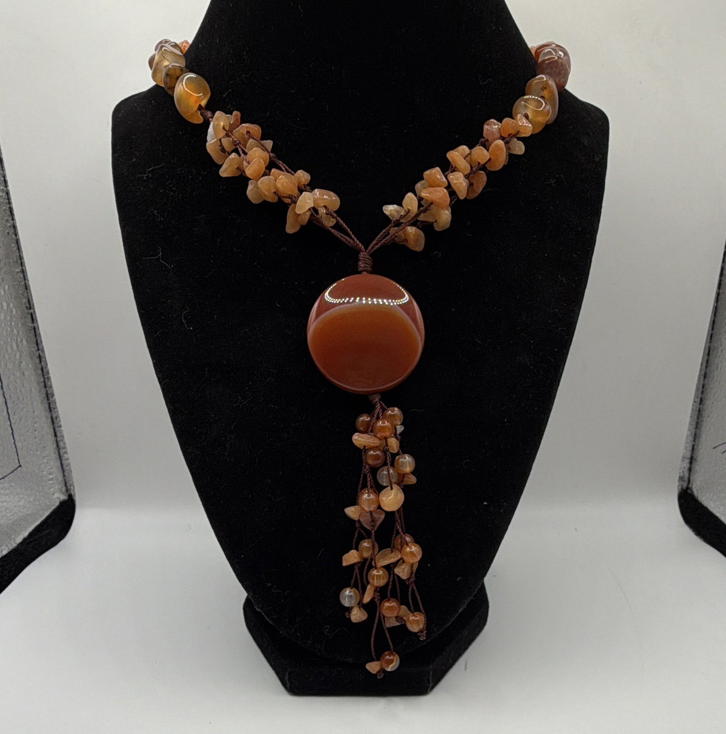 Bohemian Brown/Orange Agate Beaded Pendant Necklace Adjustable Cord Tassel