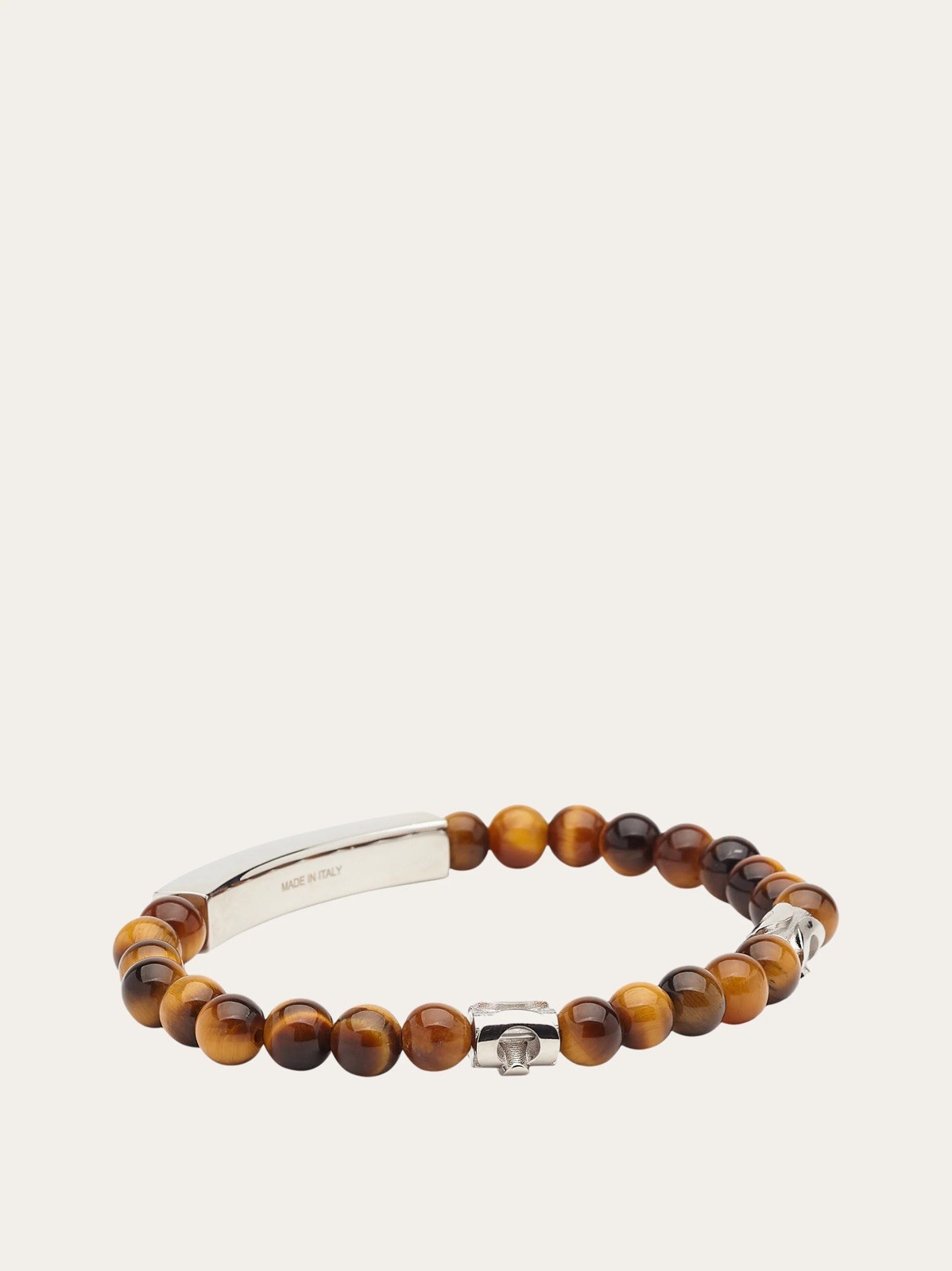 Ferragamo Mens Semi-Precious Tiger Eye Stones Logo Stretch Bracelet 19 NEW