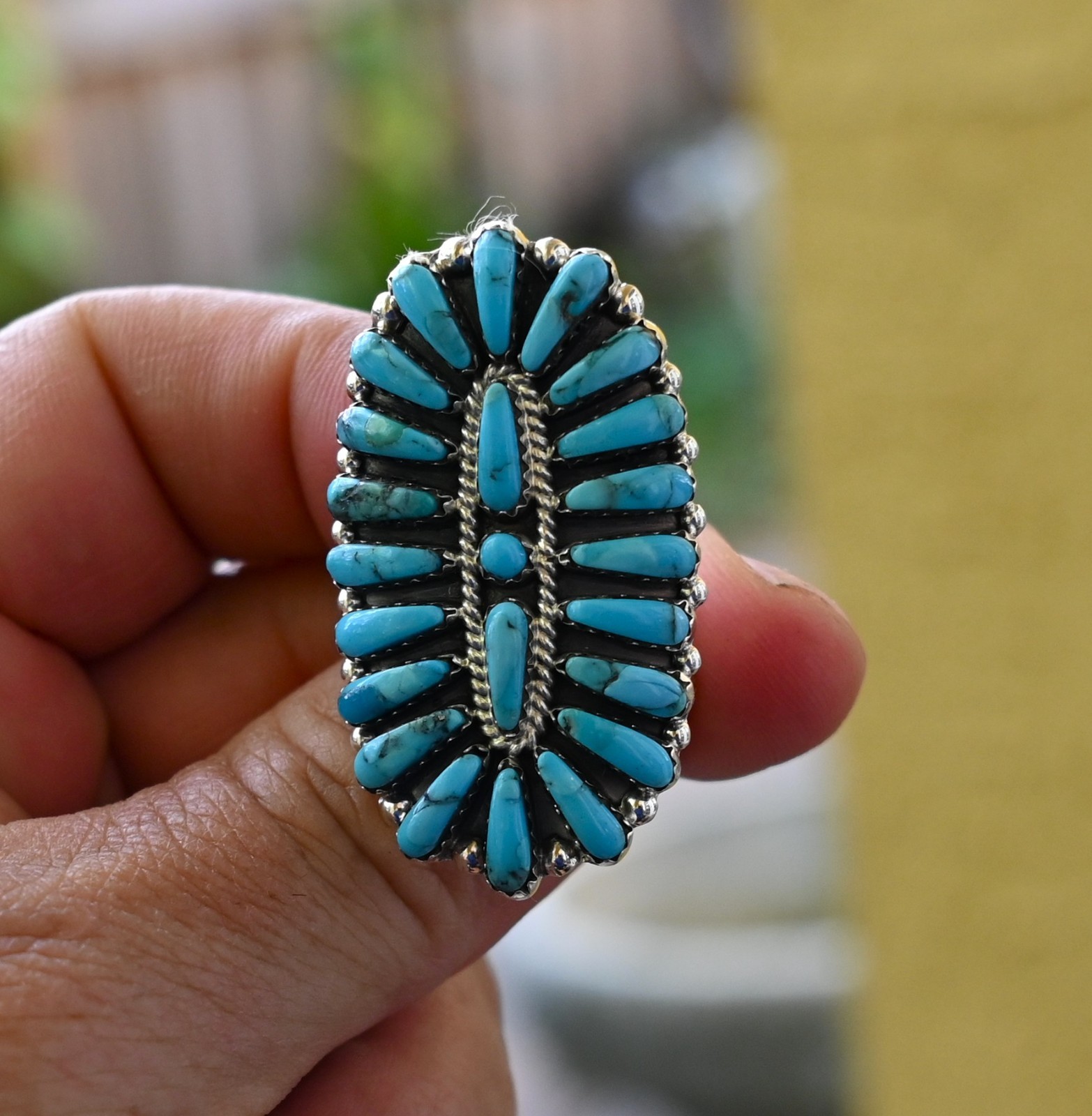 New Long Navajo 8 1/2 Ring by Davin Benally Sterling & Blue Turquoise 10 grams
