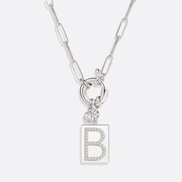 Silver Tone Link Chain Necklace CZ Pavé Letter B Rectangle Pendant Charm