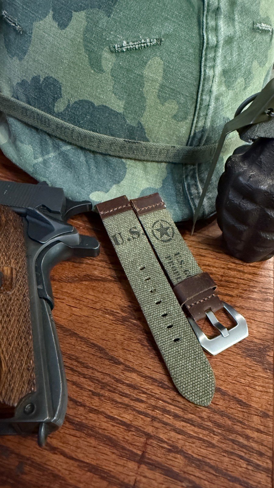 Custom Watch Strap US Military Olive Drab Canvas Leather 20 mm