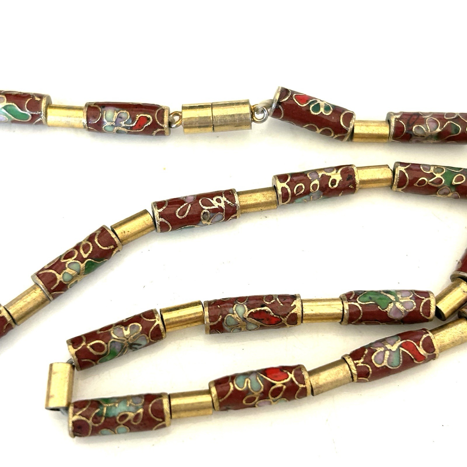 Vintage Chinese Export Cloisonne Enamel Tube Bead Necklace Red Gold Tone 22”