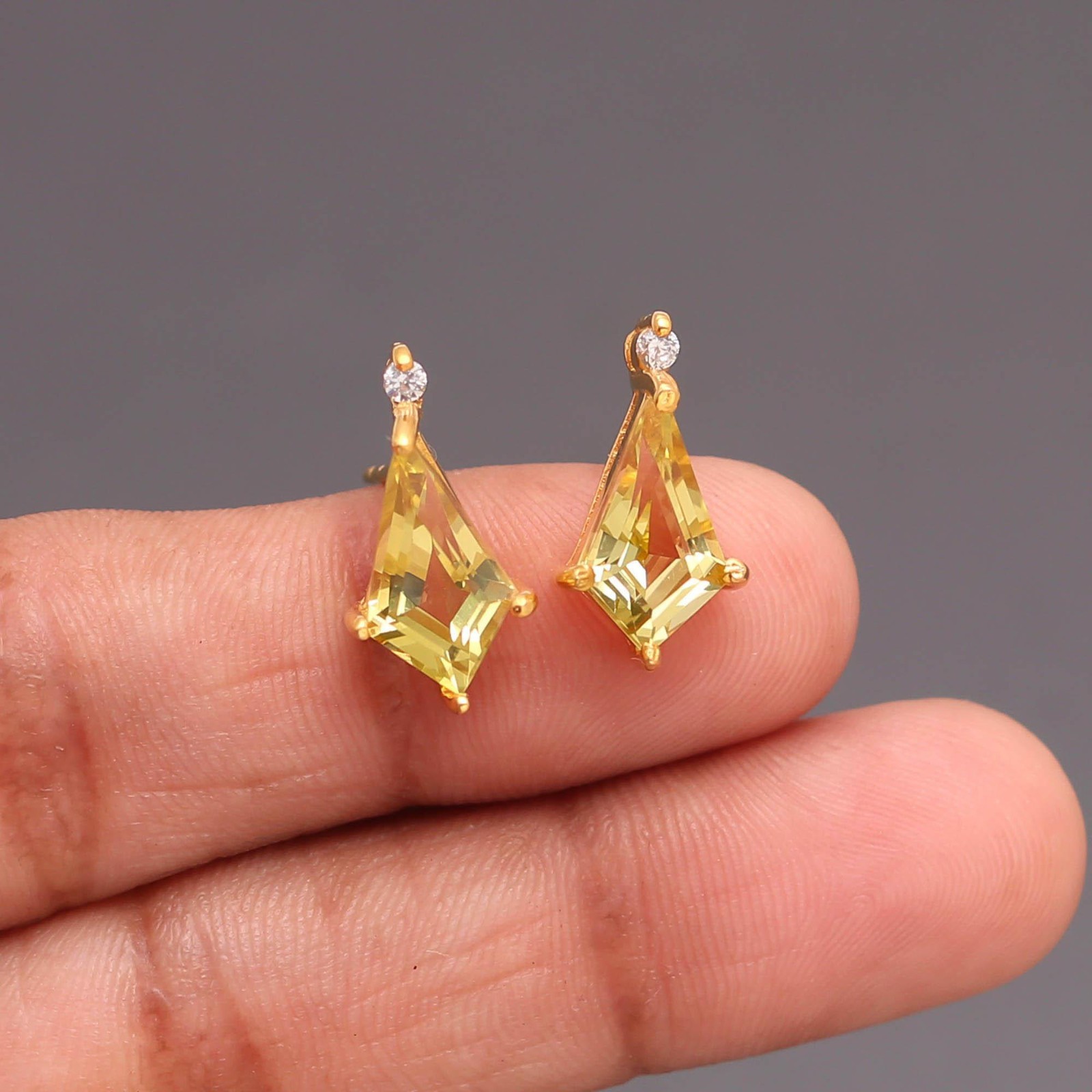 Natural Lemon Quartz Kite Stud Earrings Gold Plated 925 Sterling Silver Jewelry