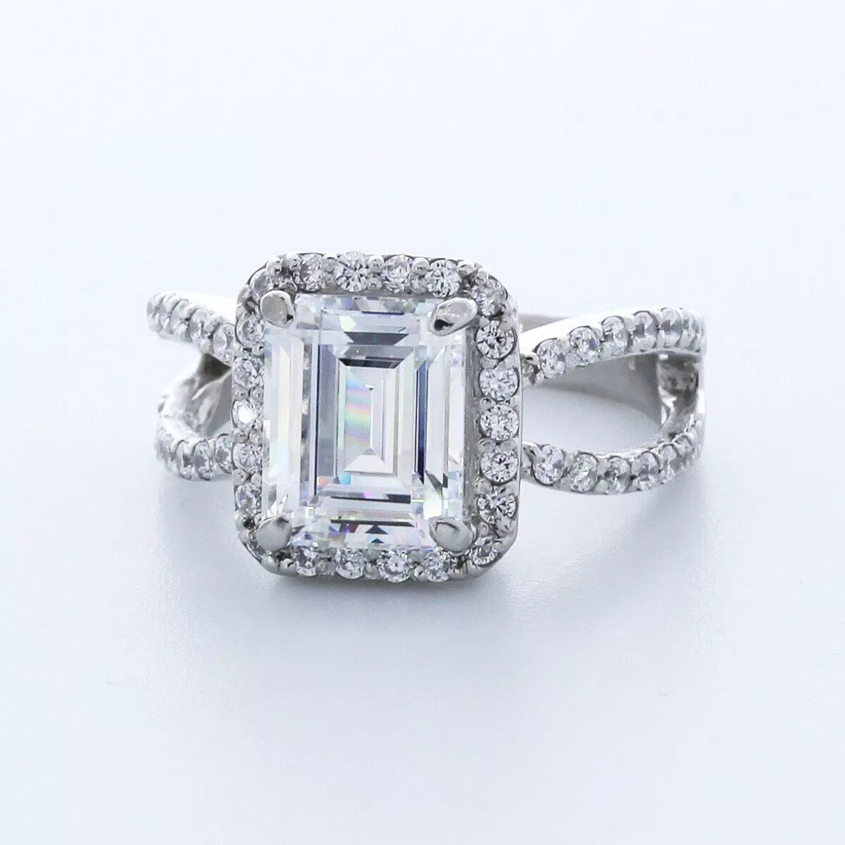Side Stone Engagement Ring Platinum Halo 3.51 CT Emerald Lab-Grown Diamond F SI1