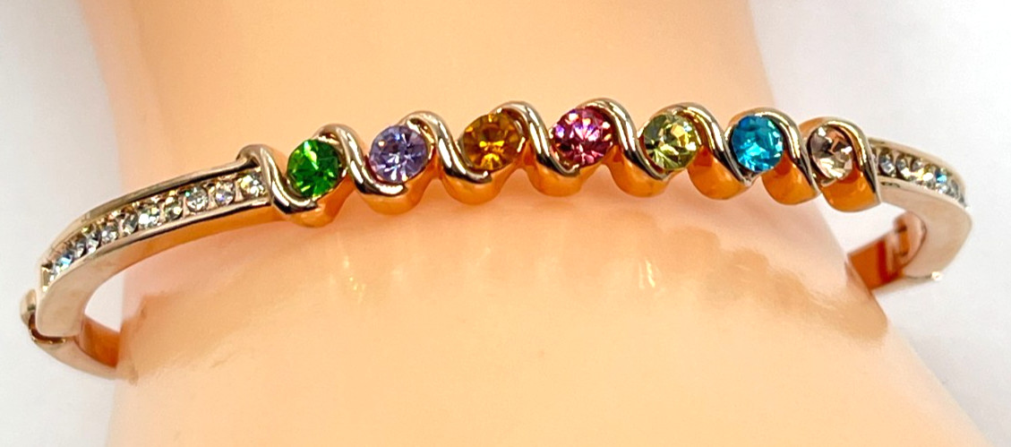 Bracelet Rose Gold Tone Hooked Bangle w/Multicolor Crystals 7″