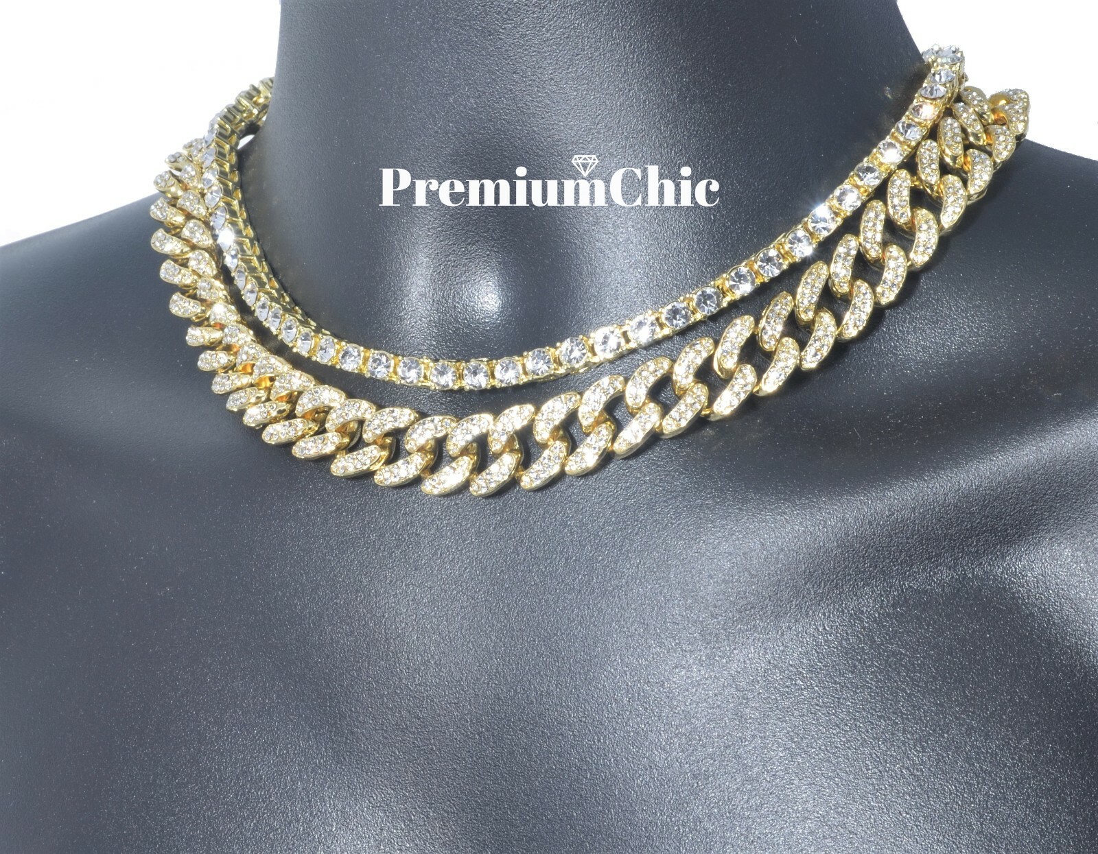 Tennis Chain + Miami Cuban Choker Hip Hop Men Gold / Sliver Plated CZ Necklace