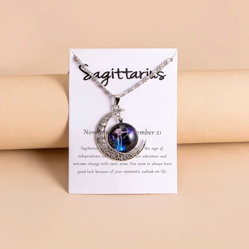 Moon Shaped Zodiac Sign Necklace Horoscope Astrological Pendant with 17″ Chain