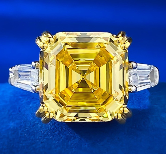 9ct Asscher Cut Lab Grown Yellow Diamond Three-Stone Ring, 18K Gold Vermeil