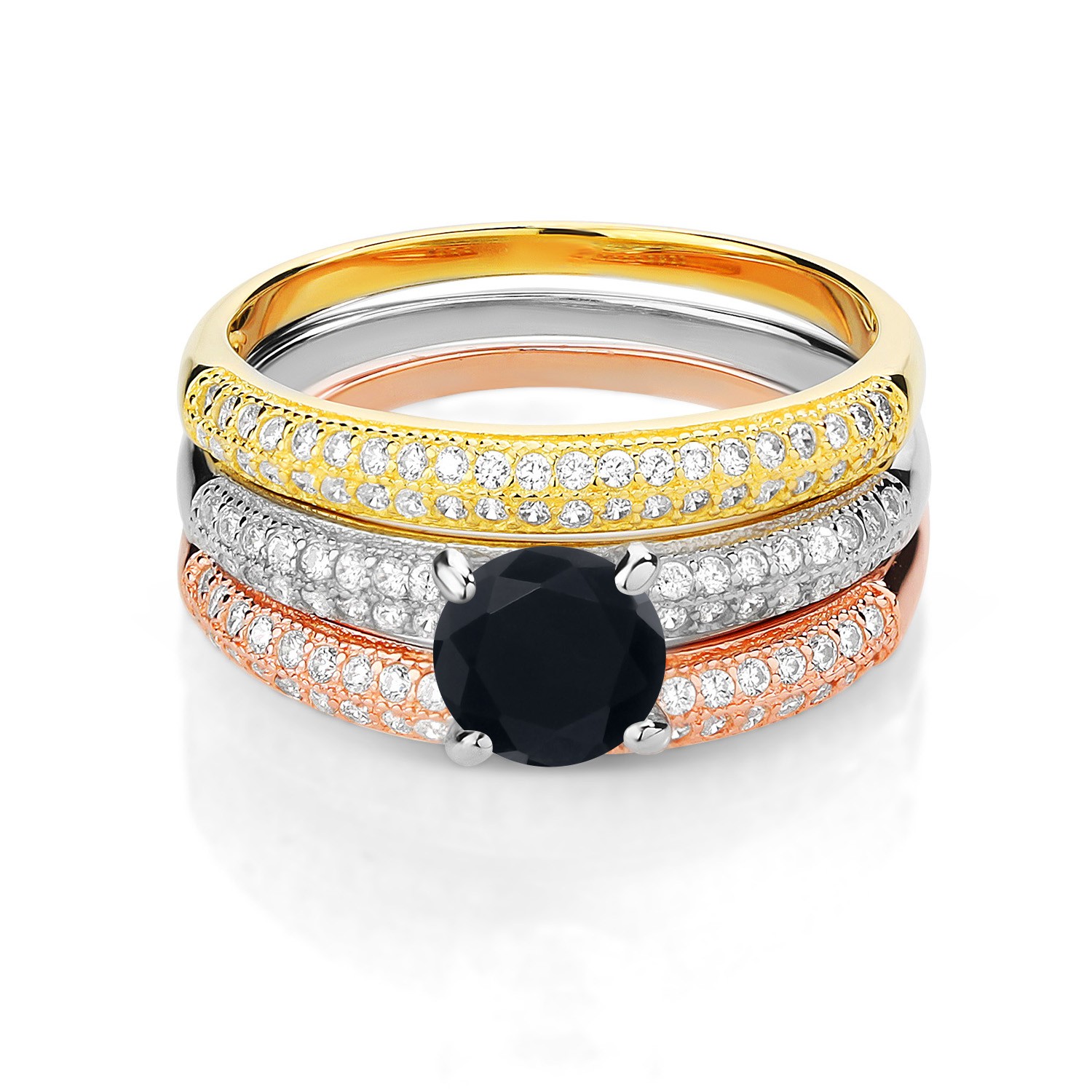 2.24 Ct Round Black Onyx 925 Sterling Silver Set of 3 Stacking Ring