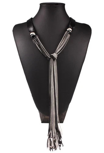Black Haute Couture Silver Chain Long Lariat Tassel Necklace Fashion Jewelry