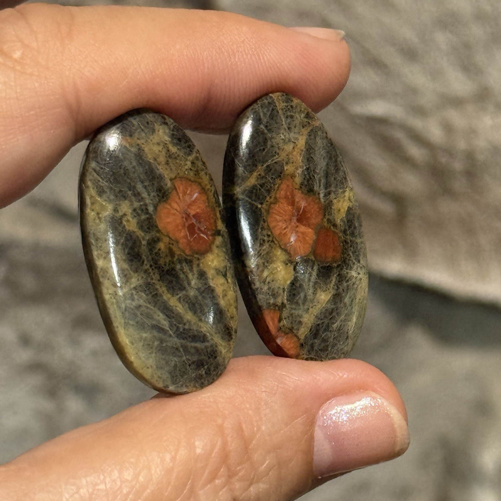 48ct 34.5×17.5×5.3mm Pair Peanut Obsidian Oval Cabochons Poppy Picture Stones