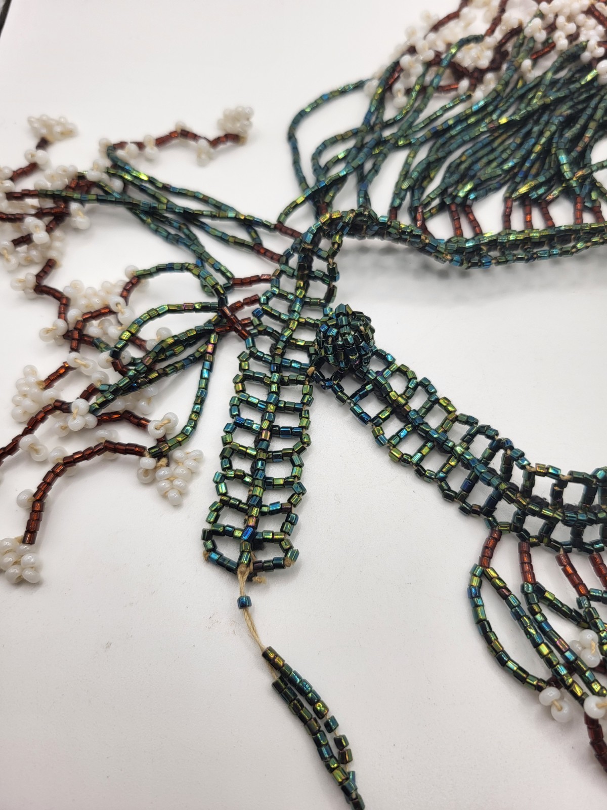 Handmade Blue Iridescent White Seed Bead Fringe Waterfall Choker Bib Necklace