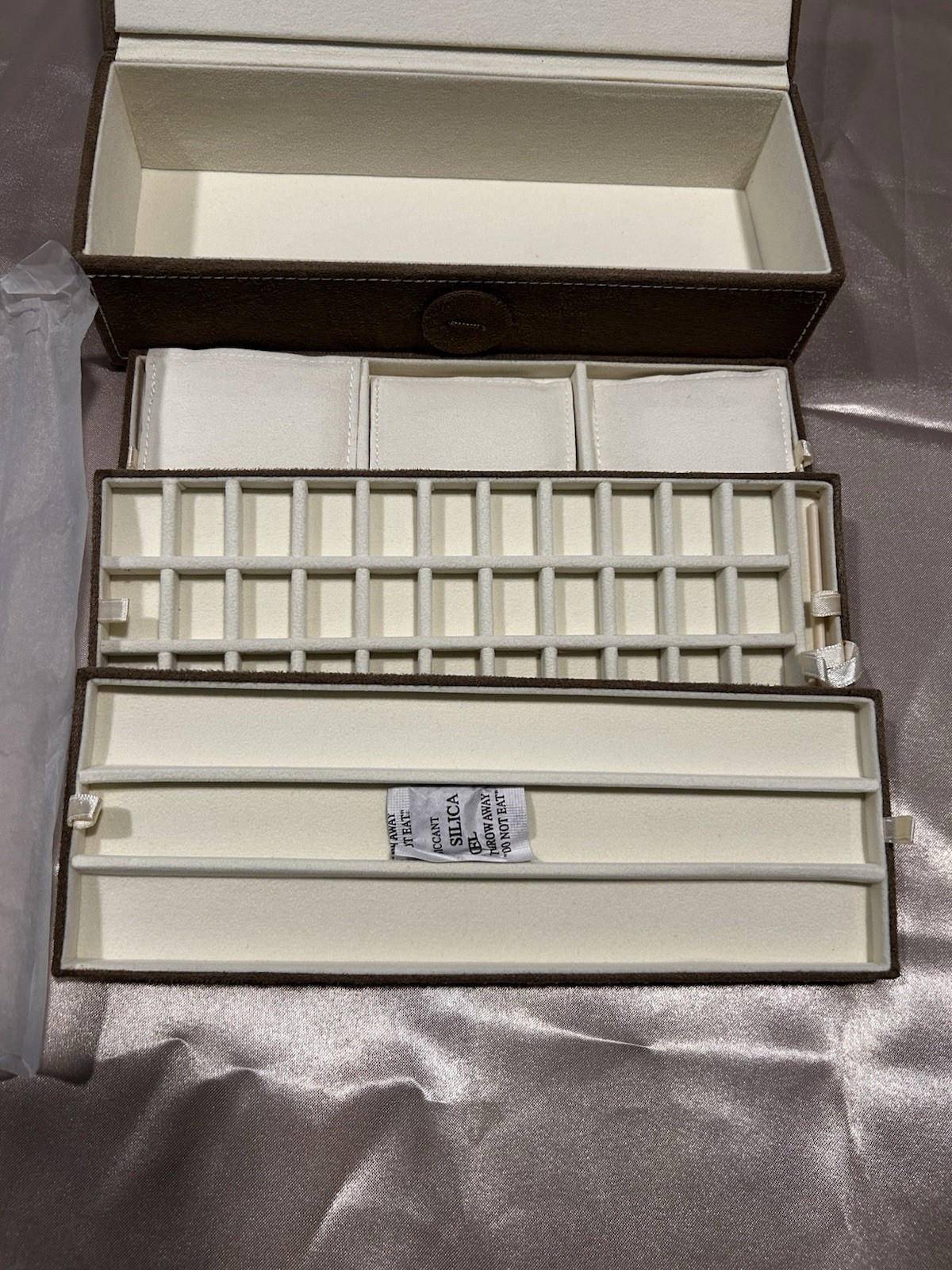 PANDORA Travel Jewelry Box 3-Tier Organizer – W/ Tool & Sealed Cloth Brown