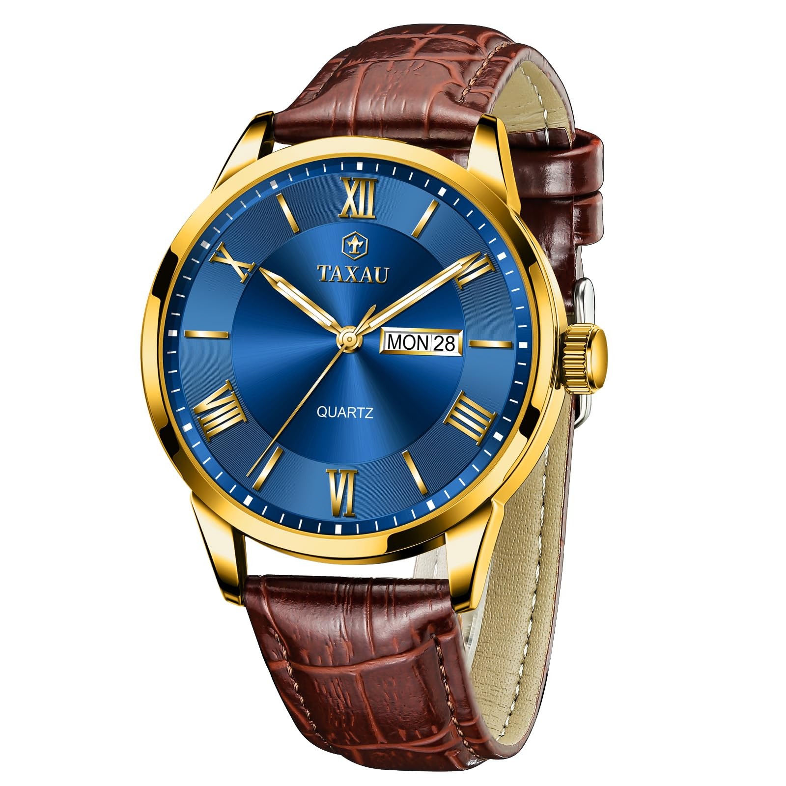 Taxau Leather Watches for Men Blue Face Classic Luxury Men’s Dress Watch Anal…