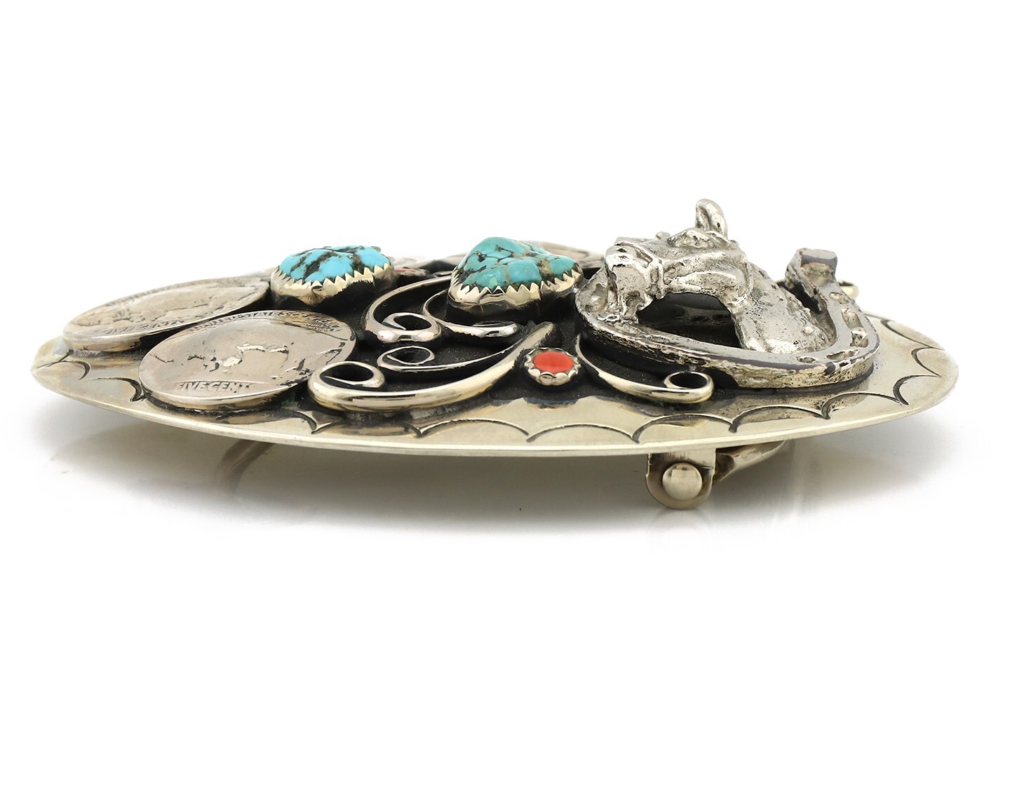 Navajo Horse Belt Buckle Nickle Silver Gemstone Handmade Native American C.80’s