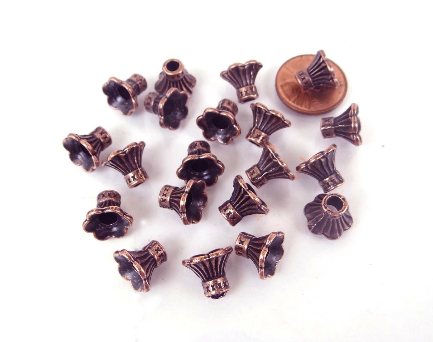 20 Antique Copper Pewter Petal Bell Flowers Caps Beads 9x10mm
