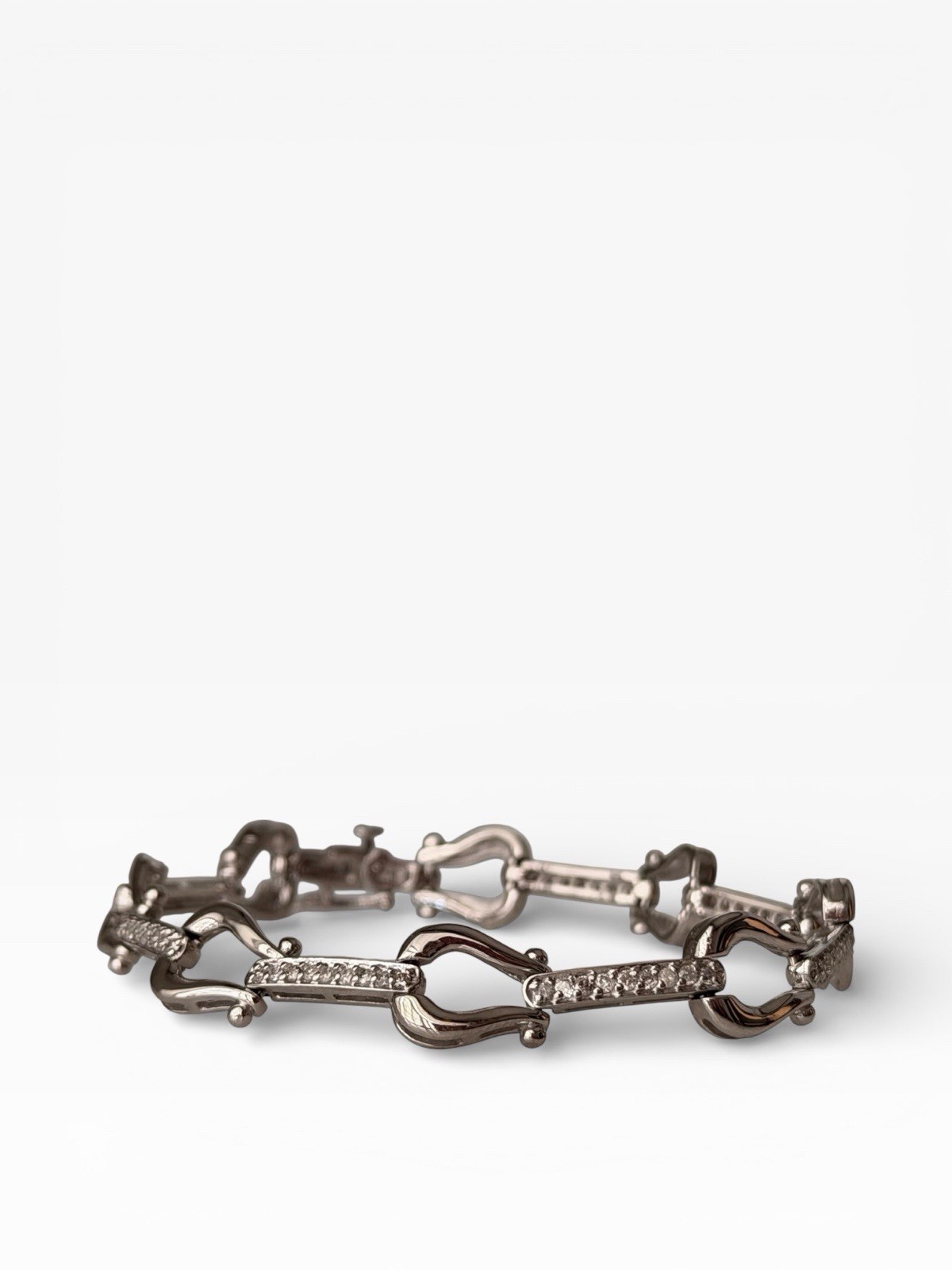 14K White Gold Link Chain Bracelet with Pavé Clear Crystals, Lobster Clasp 7 in