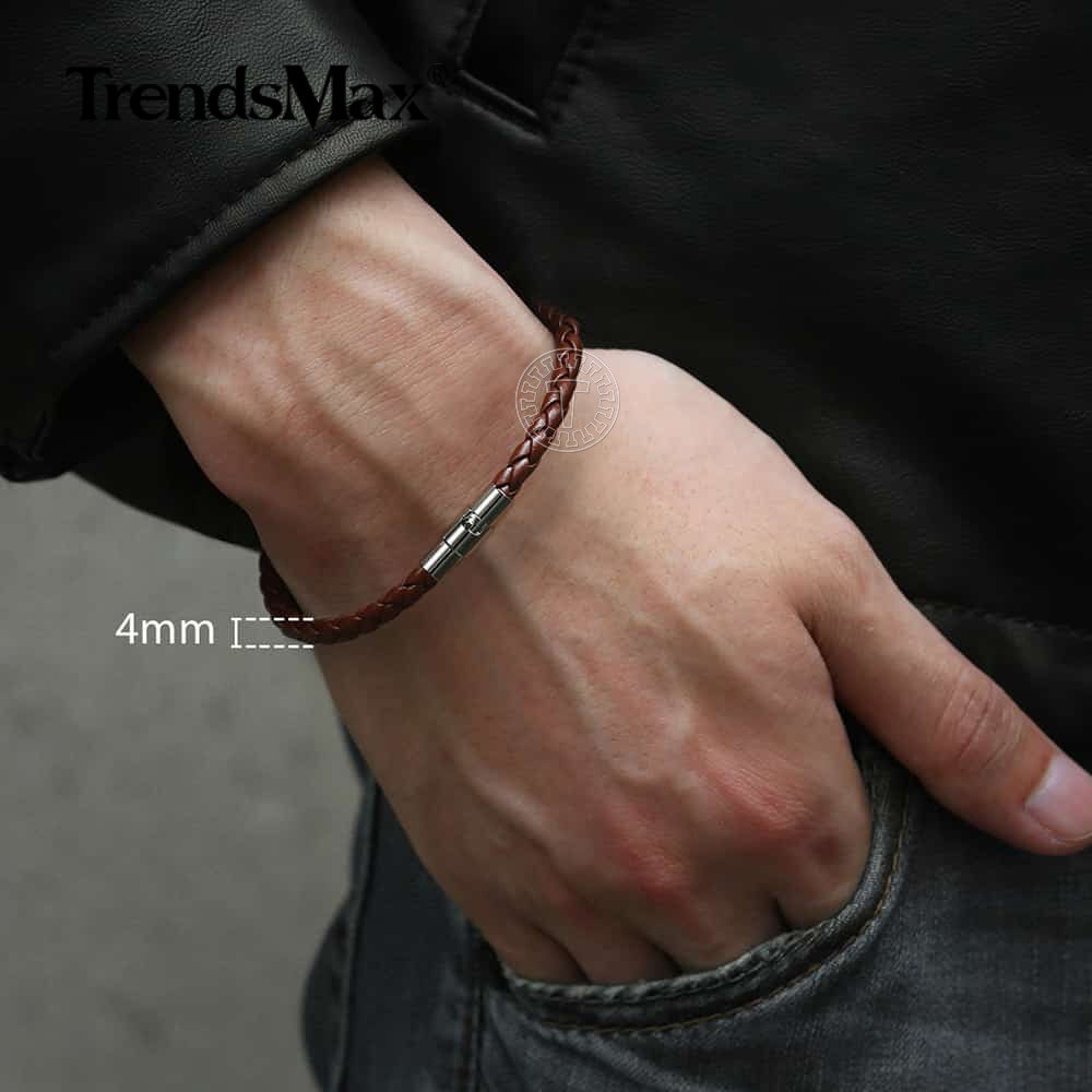 4/6/8mm Brown Black Braided Cord Rope Man-made Leather Bracelet Magnetic Clasp