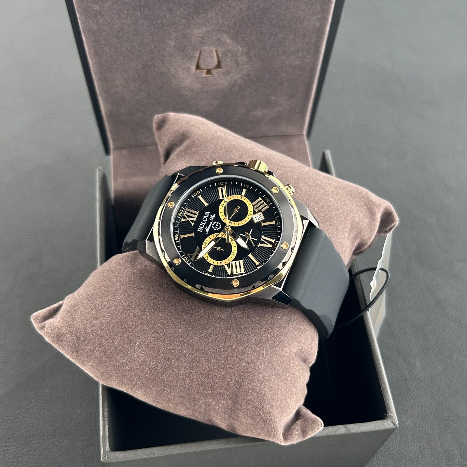 Bulova Marine Star Men’s Black Dial Black Rubber Strap 44mm Quartz Watch 98B278