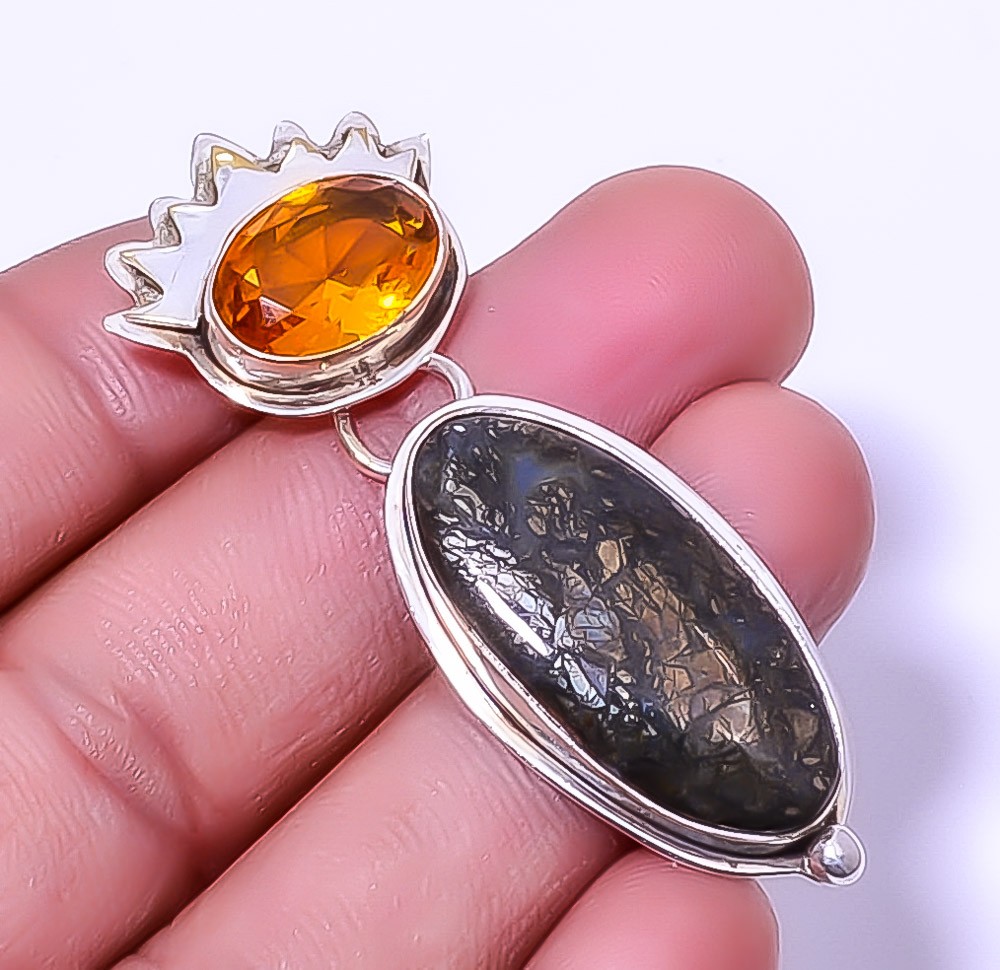 Marcasite – Callahan Mine & Citrine 925 Sterling Silver Pendant 2.34″ A330