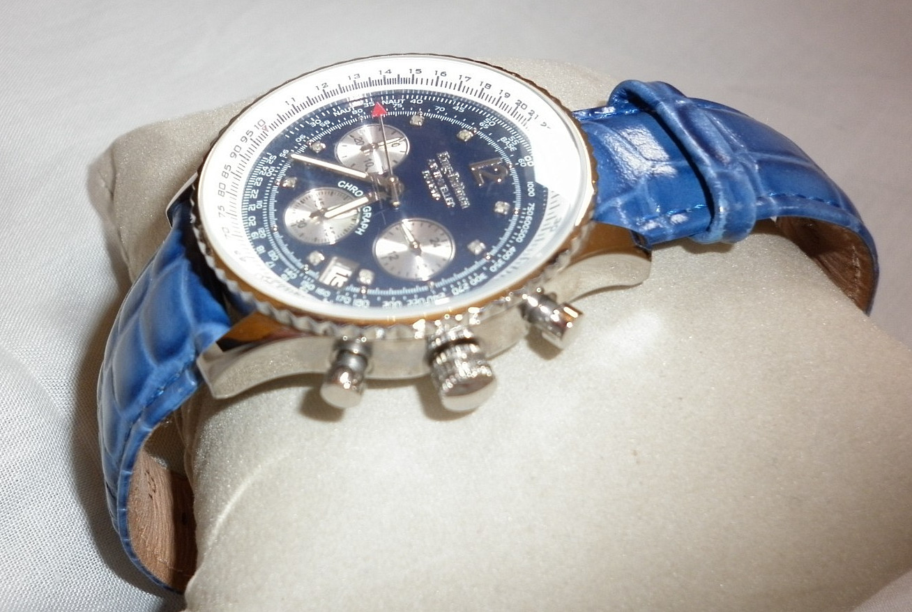 Krug Baumen Mens Air Traveller Diamond Silver – Blue Leather Watch with box
