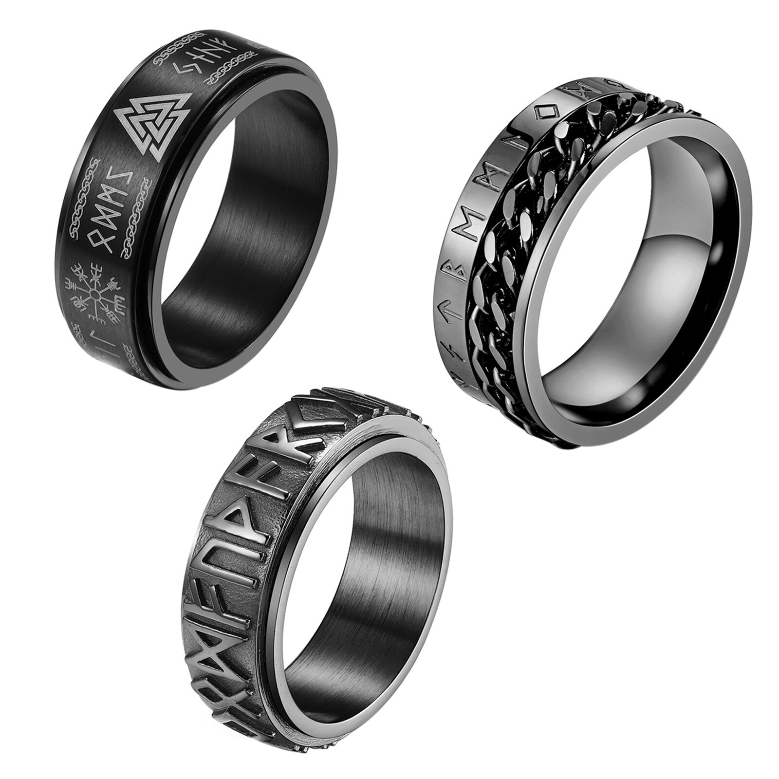 3pcs Men’s Nordic Rune Anti-Anxiety Spinner Ring Band Size 6-12 Viking Jewelry