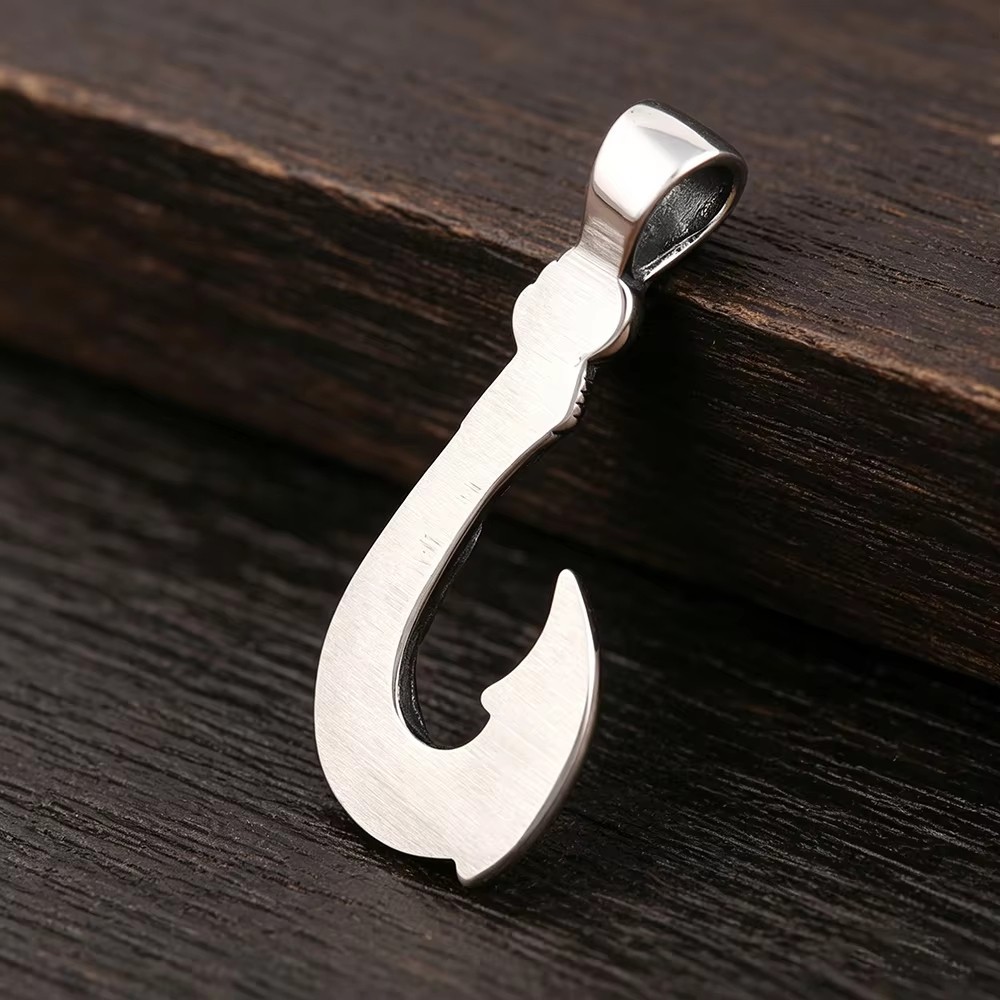 MENDEL Mens Hawaiian Fishing Fish Hook Pendant Necklace Stainless Steel Jewelry