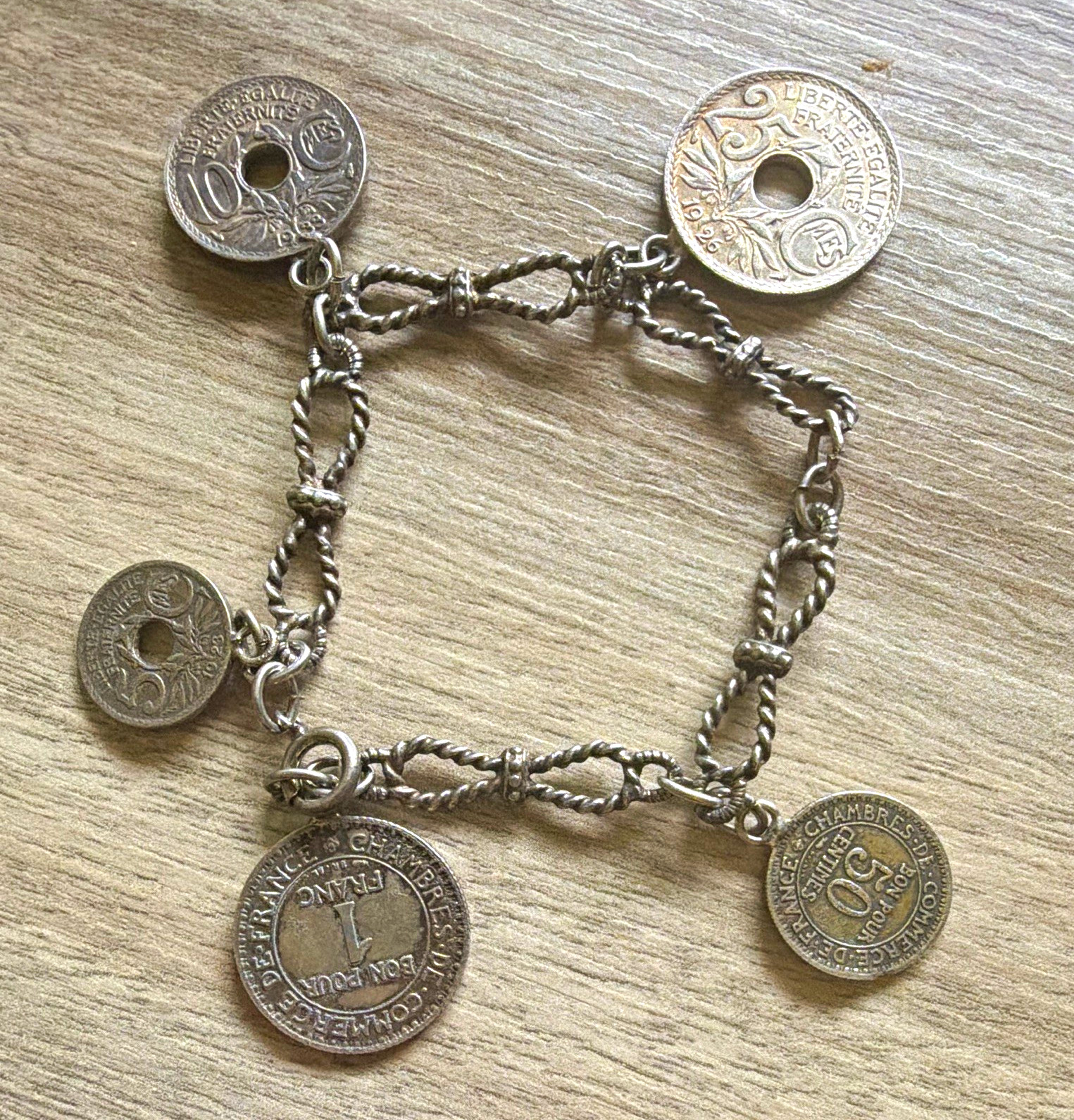 Silver Tone Rope Chain Coin Dangle Charm Bracelet, France Coin Type Charms