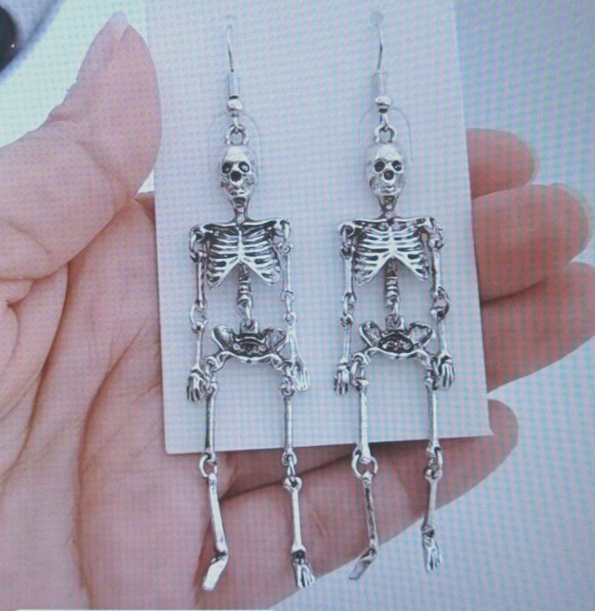 Halloween 3.5″ Dangle Articulated Skeleton Earrings Silver Tone Metal