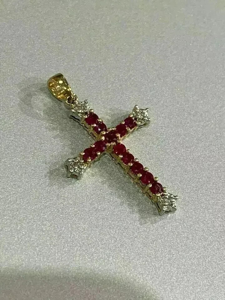 2.20Ct Round Cut Red Ruby Diamond Cross Pendant Necklace 14K Yellow Gold Finish