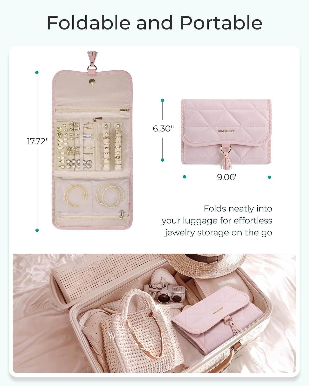 BAGSMART Travel Jewelry Case Organizer – Portable Pink Jewelry Roll