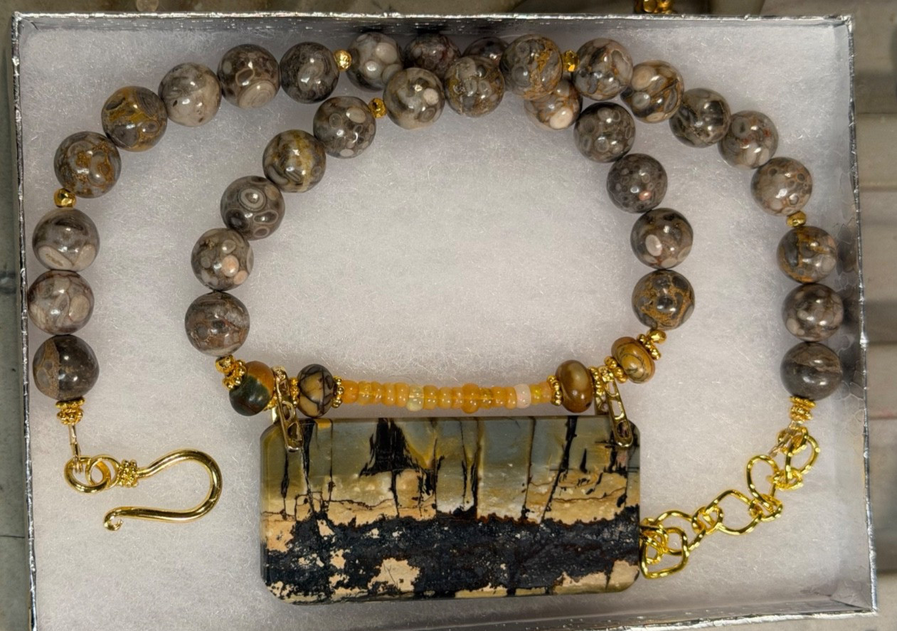 CHERRY CREEK JASPER PENDANT WITH CRINOID FOSSIL & ETHIOPIAN OPAL BEAD NECKLACE