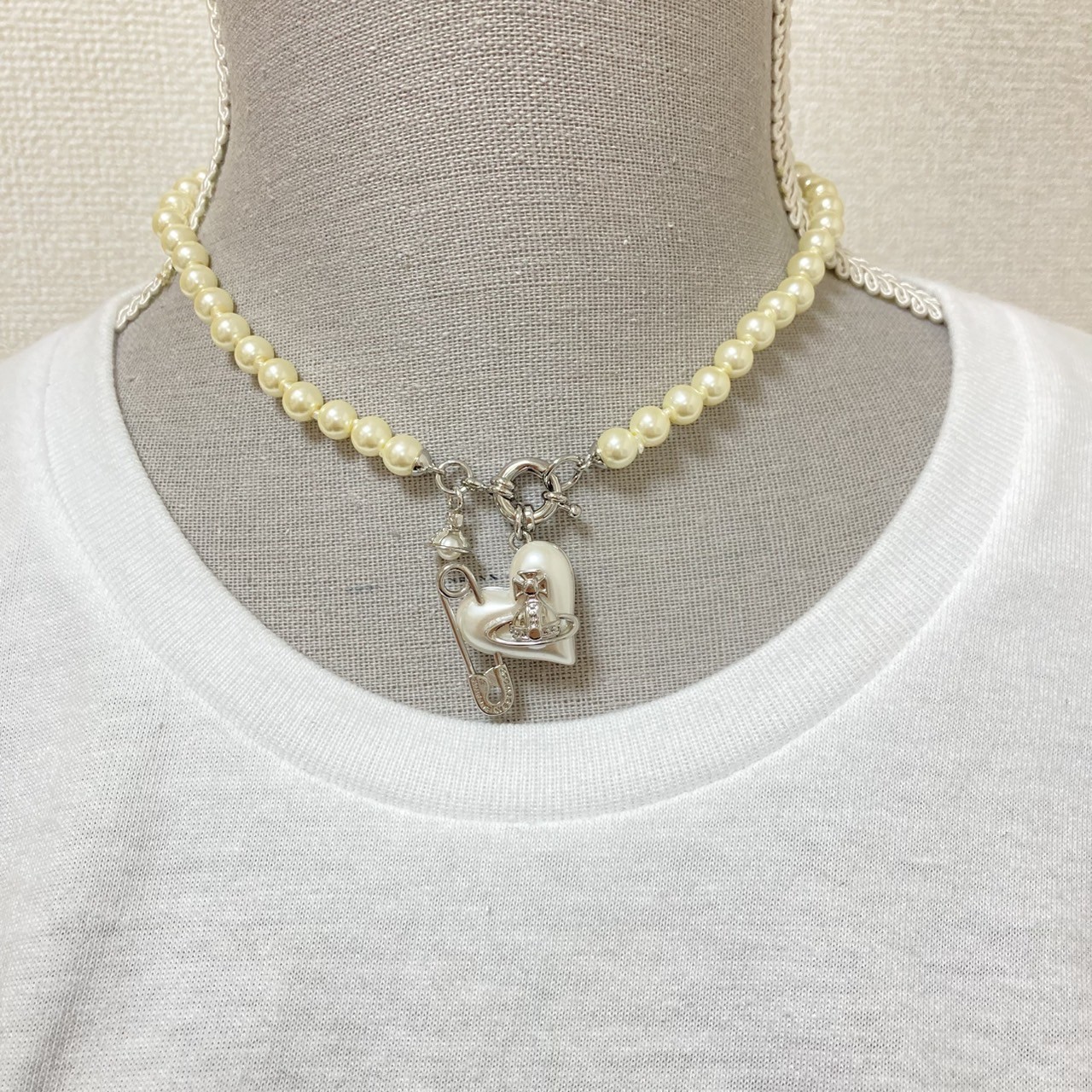 Vivienne Westwood Necklace ORIETTA Pearl Heart Safety pin Silver 40cm NO BOX
