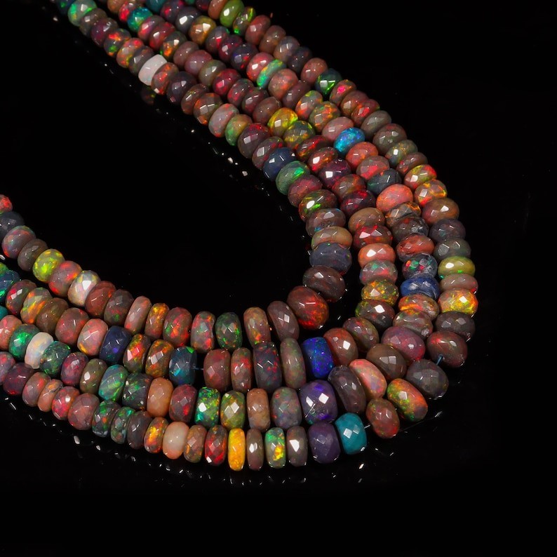 AAA Black Ethiopian Opal Beads: Faceted Rondelle Multi Fire Gemstone