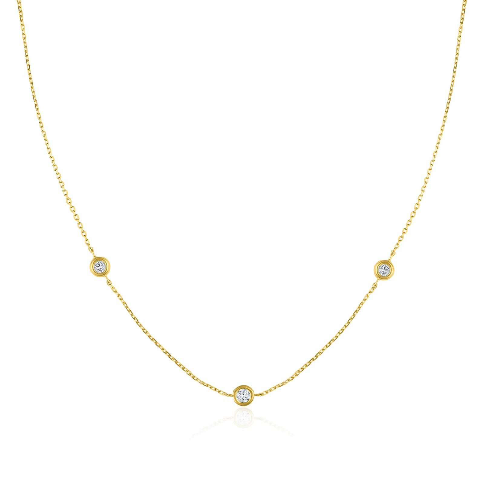 10K Gold Lab Grown Diamond Pendant Necklace 3 Station Bezel Set 18-20 Inch Chain