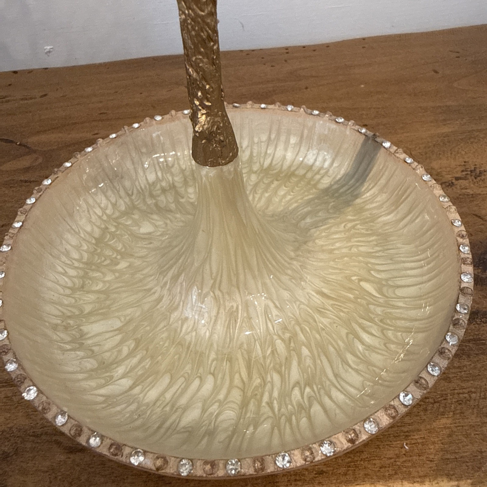 Goldtone Jewelry Tree Stand with Enamel Bowl Base