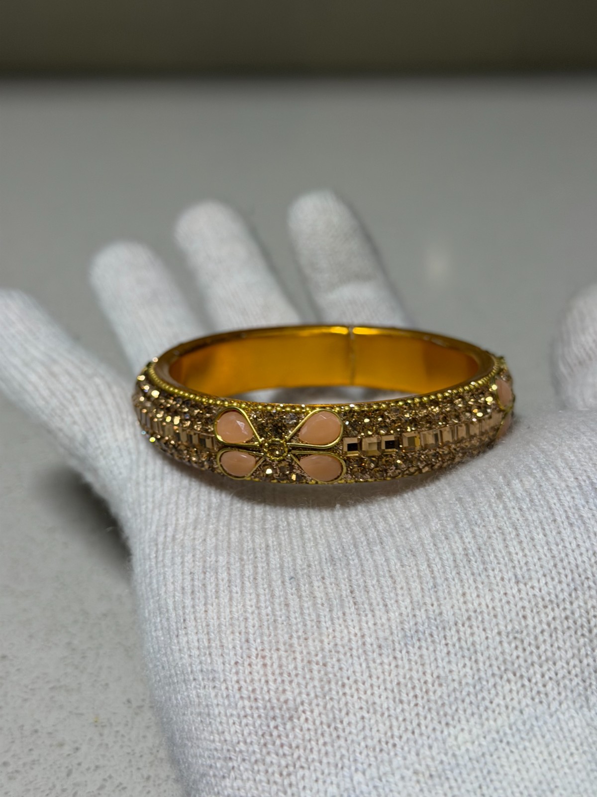 Gold-Toned Indian-Style Bangle Bracelet Sparkling Crystal Inlays & Flower