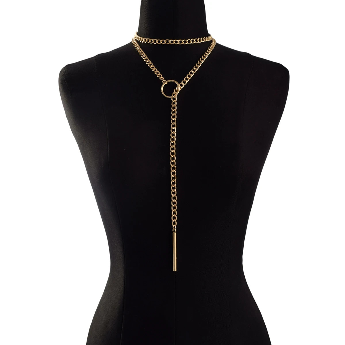 Black Slip Chain Necklace Choker Gothic Bar Pendant Lariat Layering Jewelry