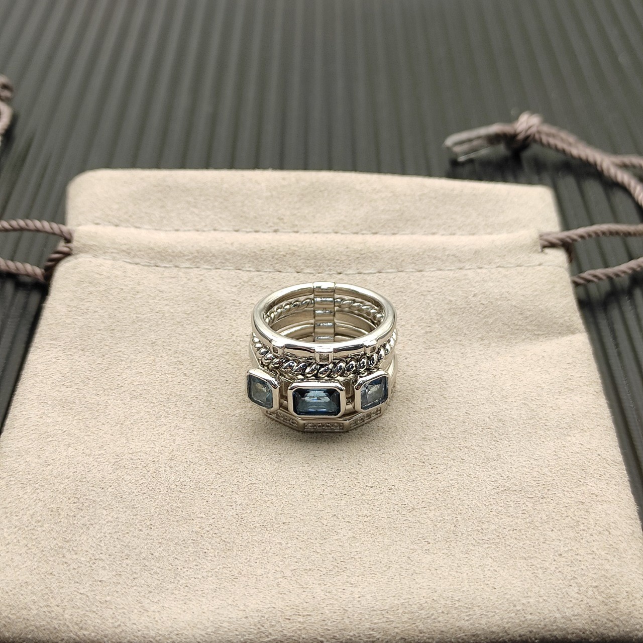 David Yurman 925 Silver Blue Topaz Diamond Multi Band Wrap Stack Ring sz 9