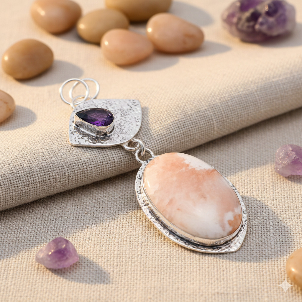 3.5″ Pink Scolecite Amethyst Pendant 925 Sterling Silver Handmade Gemstone Boho