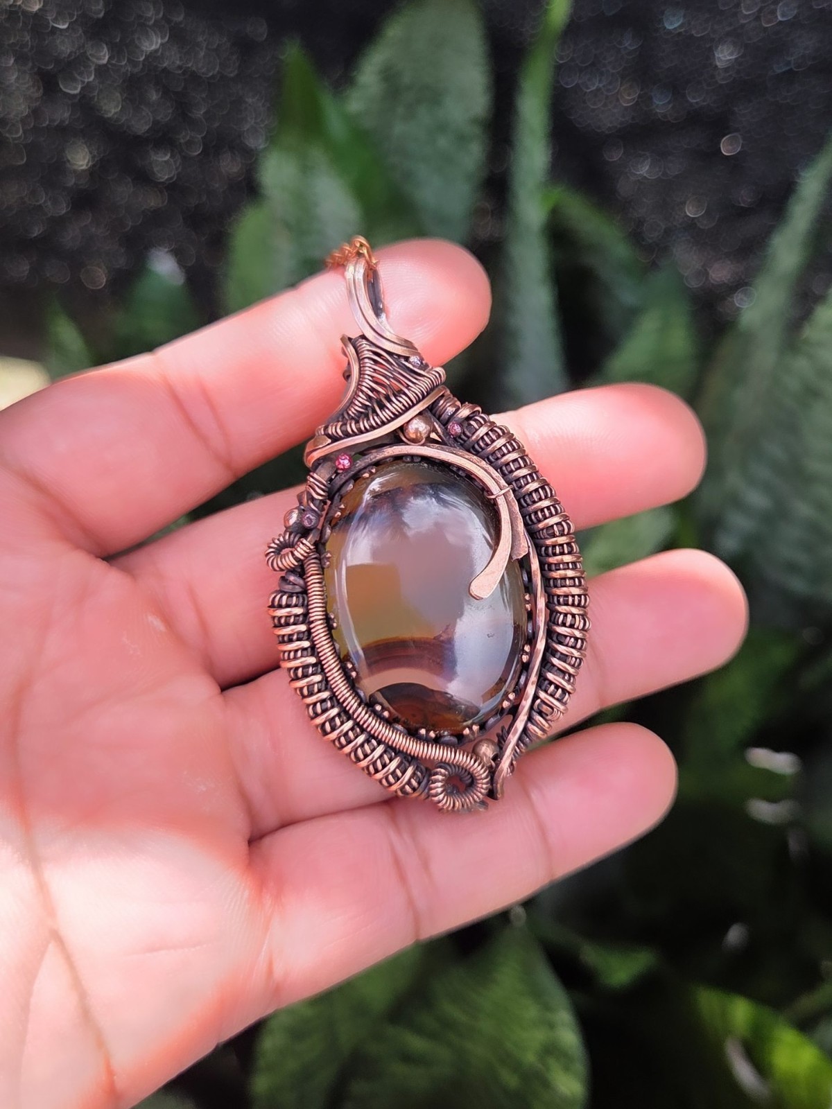 Handcrafted Copper Natural Natural montana Agate Wire Wrapped Pendant
