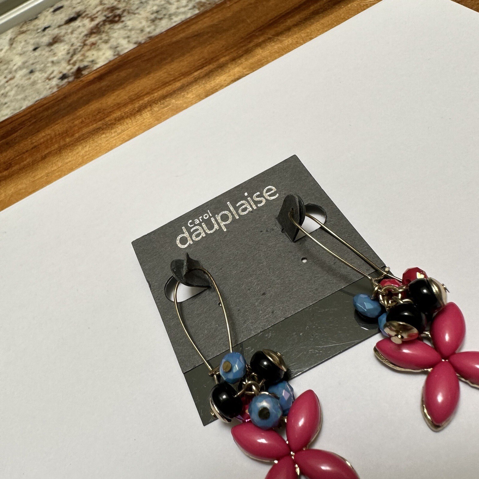 NWT Carol Dauplaise Pink Blue & Black Bead Gold Pierced Dangle Earrings