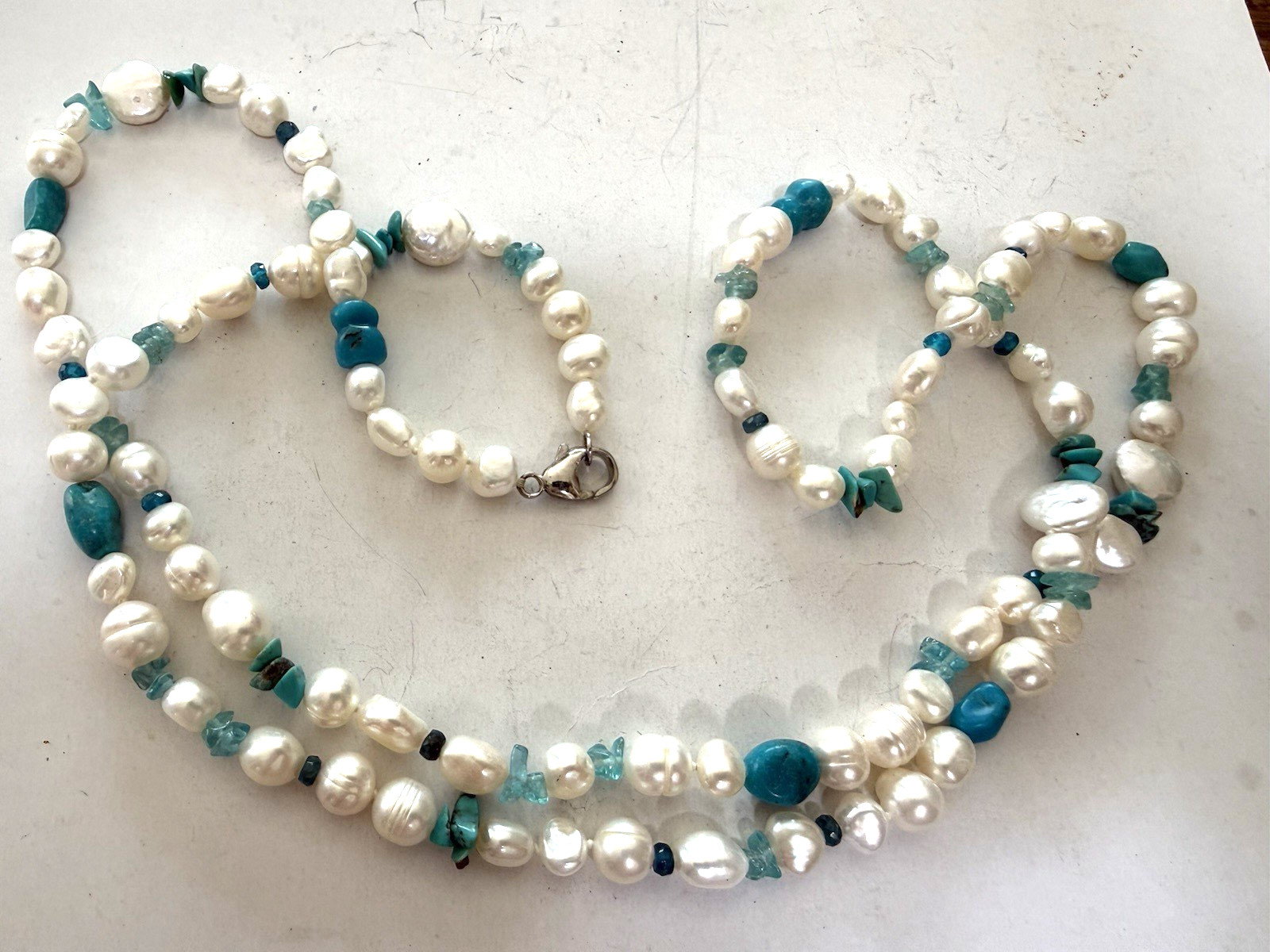 Lovely real Pearl in Various Shapes Necklace w/ Turquoise nuggets & Sea Glass